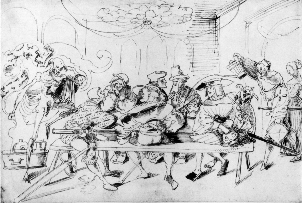 Urs Graf Recrutement d'un lansquenet, vers 1521, dessin à la plume Kunstmuseum Basel Dans la maison des corporations, l’ambassadeur français muni d'une bourse bien garnie flatte un lansquenet allemand (à gauche) et un mercenaire confédéré (au centre).