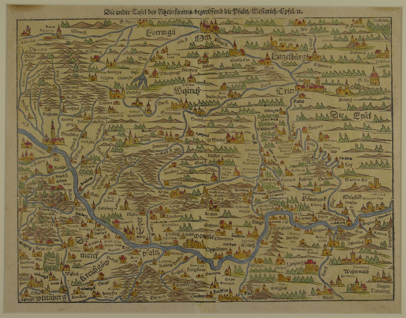 Le Rhin de Strasbourg à Cologne . Gravure dur bois de Sebastian Münster 1588 (Archives départementales du Bas-Rhin)